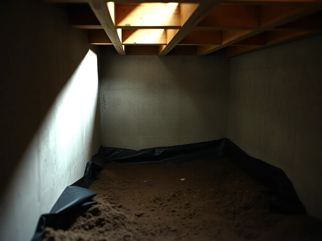 A crawl space corner lit by flash, the black vapour barrier torn and stopping short of the wall with bare soil beyond it.