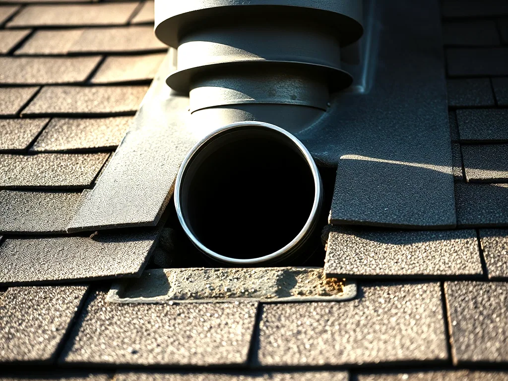 A metal flue passing through an asphalt shingle slope with the storm collar standing proud of the pipe on the uphill side.