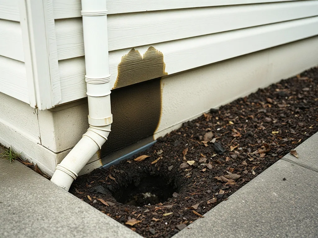 A downspout discharging straight into the mulch bed at a house corner, the ground washed into a hollow against the wall.