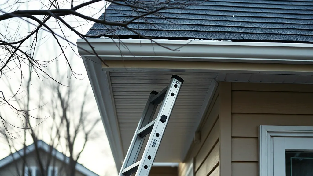 An extension ladder standing against the eave of an ordinary house, gutter and shingle edge above it on a cold bare morning.