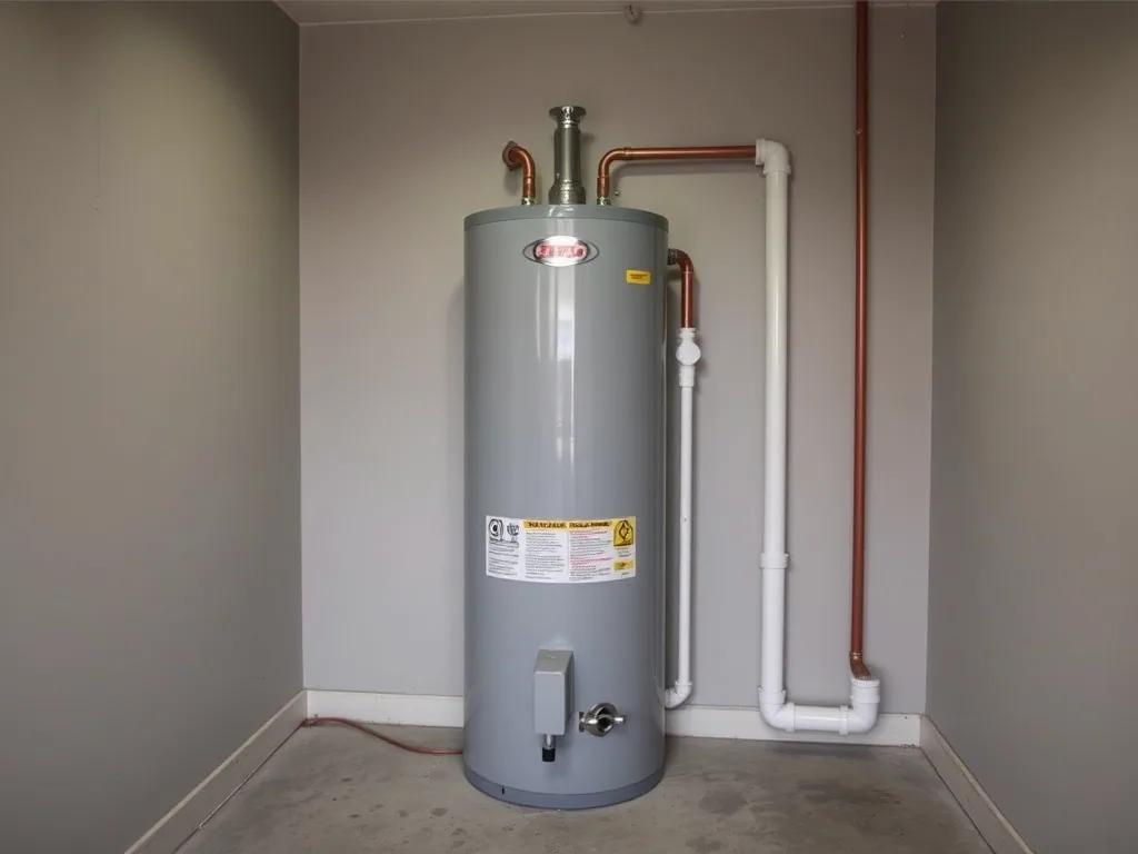 A gas water heater in a utility room corner with copper supply lines and a white discharge pipe running down beside it.